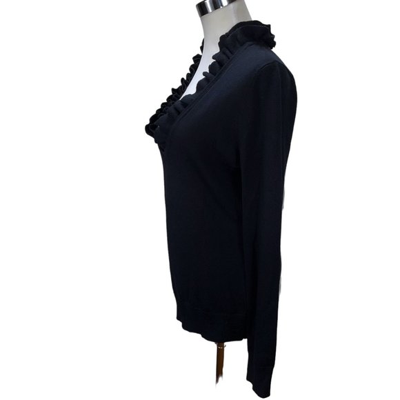 New Tory Burch Black Merino Wool Ruffle Neck Long Light Sweater Size M Tunic - Picture 5 of 10